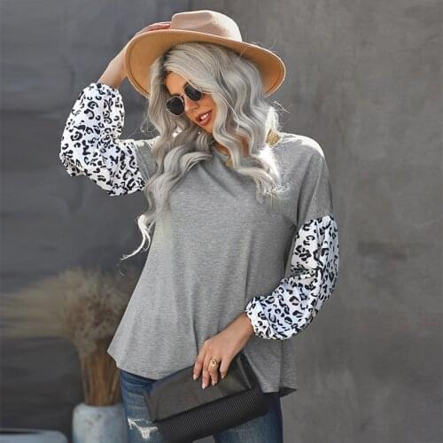 Womens Hoodie Leopard Print Stitching Lantern Sleeve Hoodies Round Neck Pullover Long Sleeve Top Women ROM80290