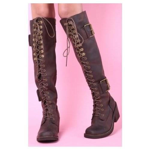 Top Quality Brown Lace Up Women Winter Boots Square Toe Knee High Riding Boots Chunky High Heels Ladies Shoes With Buckle