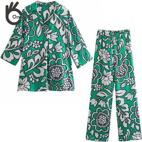 OneBling Za Woman 2021 Casual Thin Style Summer Print Wrist Sleeve Blouses + Long Pants Suits Green 2 Pieces Traf Sets Tops