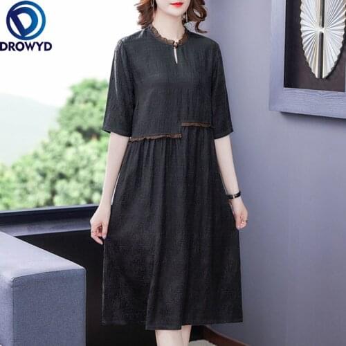 Women Vintage Black Mulberry Silk Satin Midi Dress 2021 Summer Casual Loose O-neck Maxi Dresses Elegant Bodycon Party Vestidos
