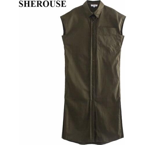 2021 Women Fashion With Pocket Single Breasted Shirt Style Midi Dress Sleeveless Side Slit Vintage Female Dresses Vestidos Mujer