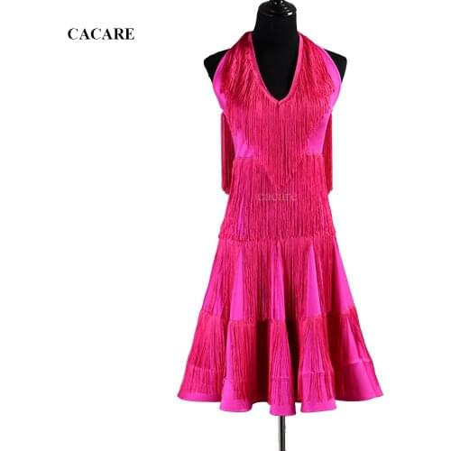 CACARE Latin Dance Dress Women Girls Latin Dance Competition Dresses Fringed Dress D0508 Halter with Tassels Ruffled Hem