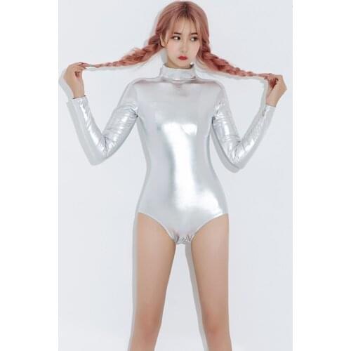 Metallic leotard ladies long sleeve foil printing leotard shinny high neck gymnastic leotard women dance leotard ballerina wear