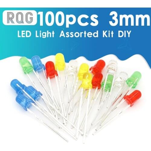 100pcs 3mm LED Light Assorted Kit DIY LEDs Set White Yellow Red Green Blue 5kinds X 20pcs=100pcs