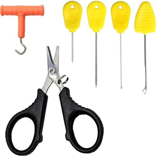 6Pcs Carp Fishing Knot Puller Baiting Needle Tool Kit Fishing Scissor Hook Knot Rig Bait Making Tool Hair Rigs Terminal Tackle