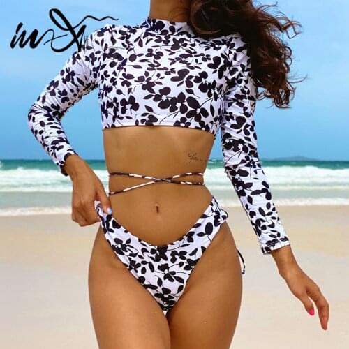In-X Floral print bikini 2021 Long sleeves swimwear female Backless swimsuit womens swimming suit High cut bandage bathing suit