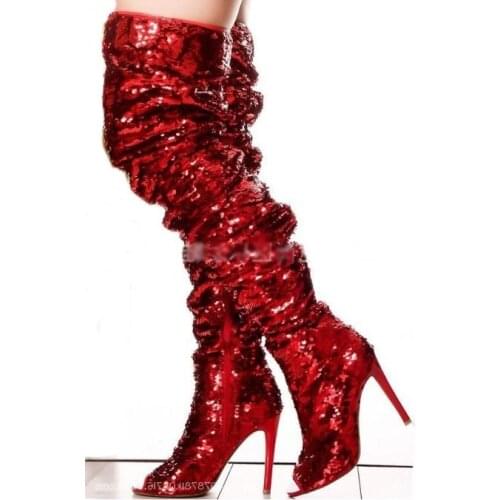 Bling Bling Sequin Over The Knee Tight High Boot Red Green Glitter Stretch Long Boot Autumn Winter Overknee Boots Plus Size