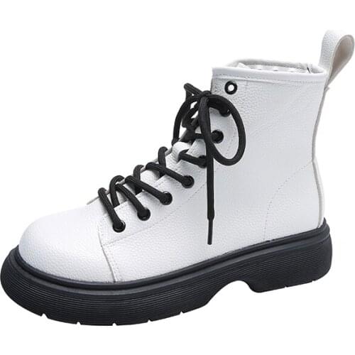 2021 New Women Leather Boots Winter Ankle Boots Casual Ladies Fashion Shoes Women White Botas Mujer Raffi Lace Up Combat Boot