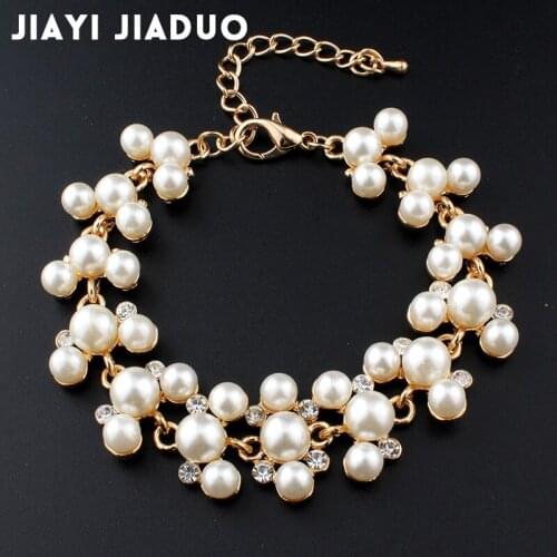 Jiayijiaduo Simulation pearl bracelet ladies gold color link chain crystal bridal wedding jewelry bracelet and bracelet 815