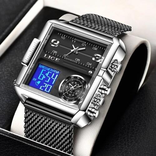LIGE 2021 Top Brand Luxury Mens Watches Square Sports Quartz Wrist Watch for Men Waterproof Digital Stopwatch Relojes Hombre+Box