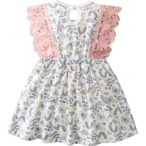 Summer Kids Girls Dress Rainbow Print Sleeveless Cartoon Lace Sundress High Waist Sweet Dress for Infant Baby Girls