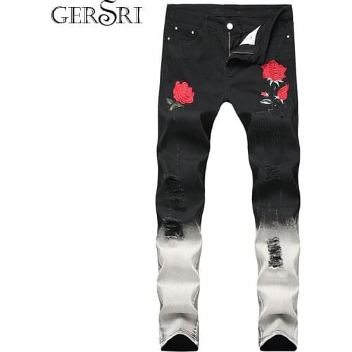 Gersri Jeans Men Hole Straight Destroyed Flower Printed Jeans Casual Slim Ripped Jeans Roses Mens Trousers Denim Pant For Male
