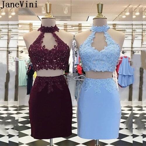 JaneVini Vintage Short Tight Cocktail Dresses for Wedding Blue Burgundy Woman Party Night Cocktail Beaded Two Piece Formal Gowns