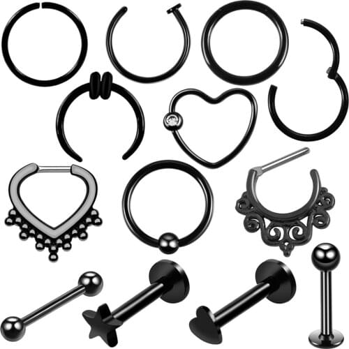 1PC Steel Black Seamless Hinged Nose Hoop Septum Clicker Piercings Heart Star Lip Labret Ring Ear Cartilage Tragus Sexy Jewelry