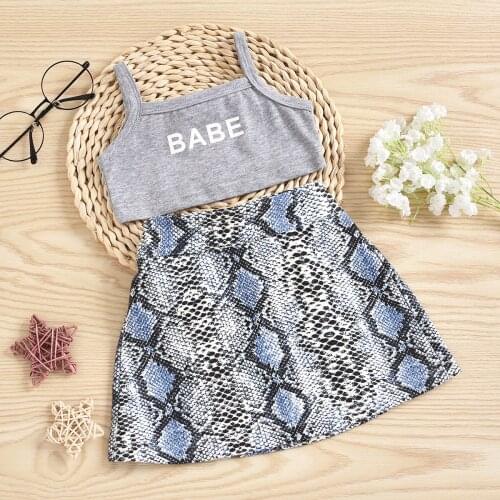 Girls Clothes Set Letter Print Sleeveless Square Collar Cropped Tops + Snakeskin Print Short Skirt Kids Summer Clothing 2PCS