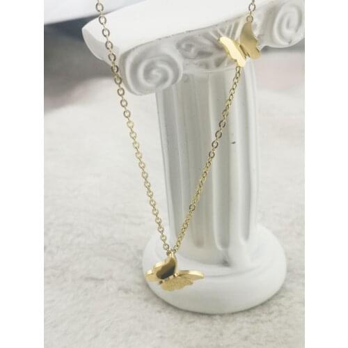 Lokaer Cute Matte Double Butterfly Charms Necklace Gold Color Stainless Steel Link Chain Neckalce Jewelry For Women N17033