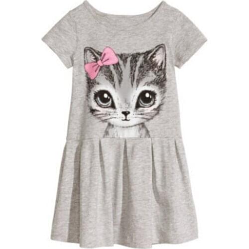 Cute Cat Baby Girls Dress Summer Cotton Short Sleeve Little Princess Dresses For Birthday Get Together Party Costume Kid Clothes