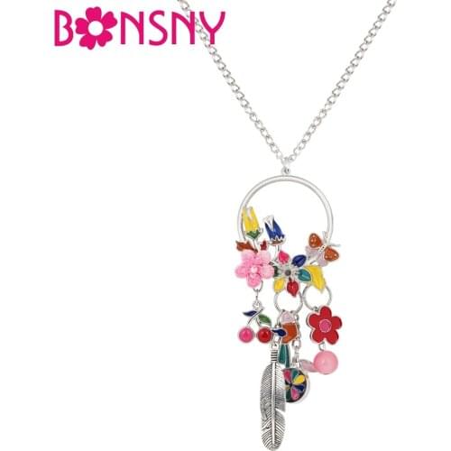 Bonsny Enamel Alloy Floral Flower Bird Fruits Circle Necklace Pendant Natural Plant Jewelry For Women Girl Ladies Accessory Gift