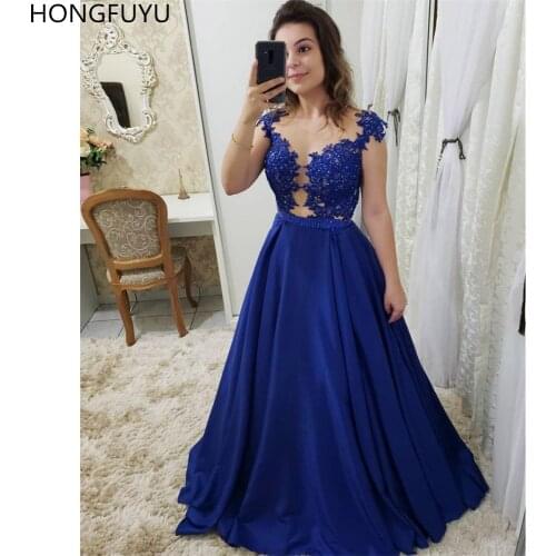 HONGFUYU A-Line Appliques Formal Prom Dresses Long O-Neck Satin Evening Gowns Illusion Cap Sleeve robe de bal femme longue
