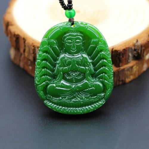 Natural Green Jade Thousand-hand Guanyin Bodhisattva Pendant Necklace Carved Buddha Charm Jewelry Fashion Amulet for Men Women
