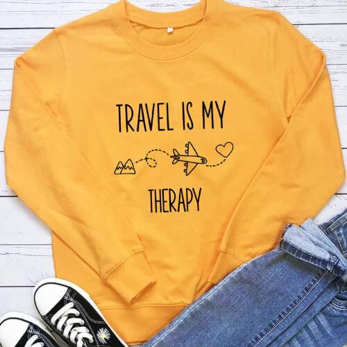 Travel Is My Therapy Printed 100%Cotton Womens Sweatshirt Unisex Adventure Outdoor Casual O-Neck Pullover Long Sleeve Tops