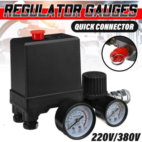 220V/380V Air Compressor Pressure Switch Control Valve Manifold Relief Regulator Gauge 30-120PSI with 4 Quick Connectors