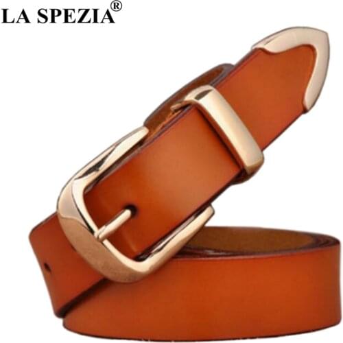 LA SPEZIA Brown Women Belt Genuine Leather Metallic Waist Belts Ladies Pin Buckle Real Leather Female Designer Brand Belt 120cm