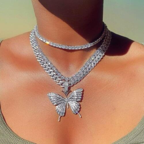 Luxury Full Rhinestones Paved Butterfly Pendant Miami Cuban Link Necklace For Women Punk Shiny Crystal Chunky Metal Choker Gifts