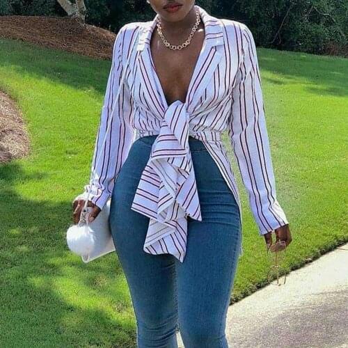 Sexy Plunging Neck striped blouse women summer spring chic bandage lace up female shirts tops 2021 new african casual shirts