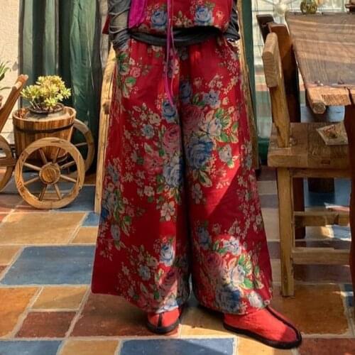 Johnature 2020 Winter Print Flower Thicken Wide Leg Pants New Cotton Loose Vintage Elastic Mid Waist Women Ankle-Length Pants