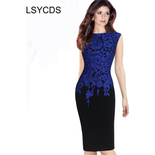 2020 New Arrival European Style Women Lace Print Patckwork O-Neck Sexy Plus Size Pencil Dress