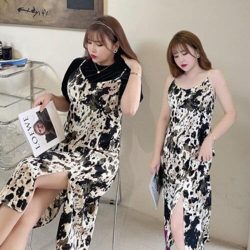 Large size womens new fat MM large size splash-ink split gentle wind slim strap dress