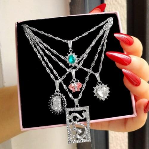Punk Silver Color Crystal Dragon Heart Pendant Necklace Multilayer Portrait Heart Charms Twisted Clavicle Chain Necklaces Women
