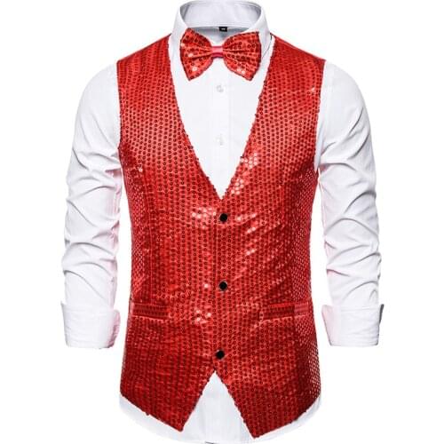 Mens 2 Pieces Sequins Vest with Bowtie Slim Fit Wedding Groom Red Waistcoat Men Club Party Bar Stage Prom Chalecos Para Hombre