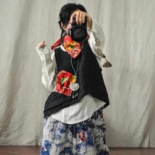 Women Spring Summer Linen Contrast Color Retro Vintage Vests Waistcoat Outerwear Female Sleeveless Tops Female Flax Vest 2021