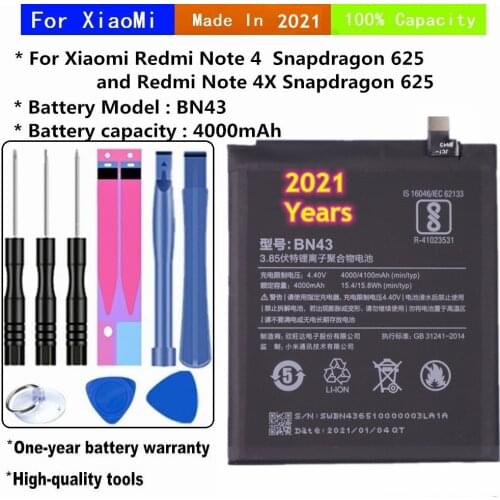 2021 Years Mobile Phone Battery 4000mAh BN43 For Xiaomi Redmi Note 4X / Note 4 global Snapdragon 625 Phone Replacement Battery