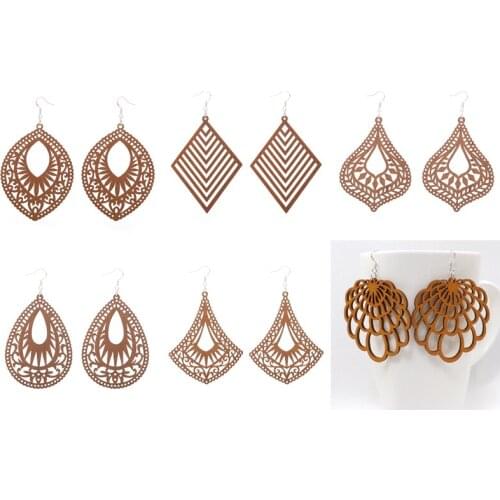 6 Pairs Good Quality Wood Earrings Organic brown Hollow African Woman Wooden Brincos