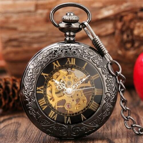 Gold Roman Numerals Display Transparent Glass Cover Mechanical Pocket Watch Antique Pendant Clock with 30 CM Black Fob Chain