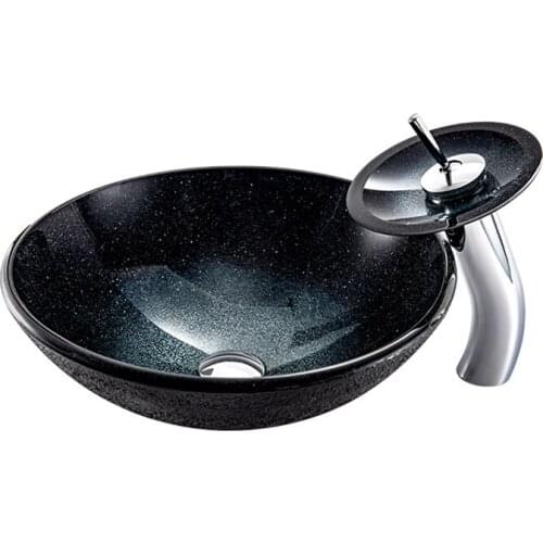 Black star sky gradient Bathroom Washbasin Countertop Tempered Glass Basin Brass Faucet Set Brass Waterfall Faucet washbasin set