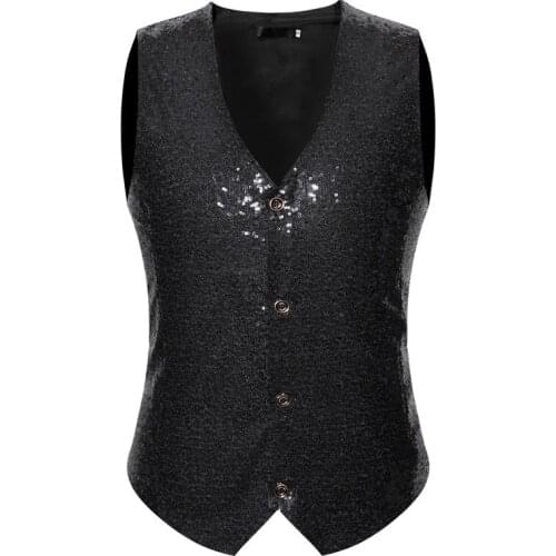 Mens Slim Fit Sequins Vest V Neck Shiny Party Dress Suit Vest Waistcoat Men Wedding Stage Dance Singer Gilet Costume Homme XXL