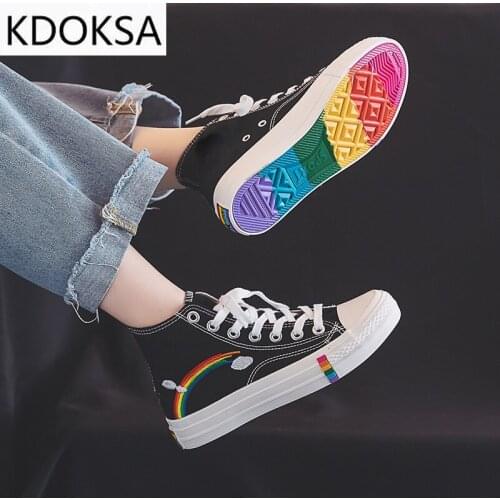 Womens Fashion 2021 Vulcanized Shoes Woman Sneakers New Rainbow Retro Canvas Shoes Flat Fashion Comfortable High Shoes Women