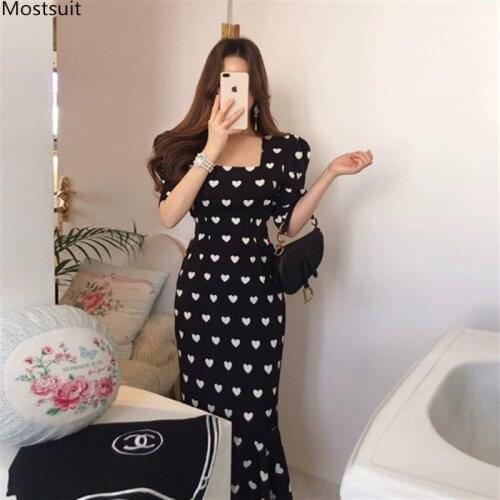 Summer Elegant Vintage Long Heart Printed Dress Women Short Sleeve Ruffles Slim Trumpet Mermaid Korean Party Dresses Robe Femme