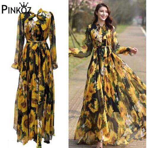 Pinkoz summer maxi dress sun flower printed chiffon loose plus size long party dress lacr up bow collar beach dresses vestidos