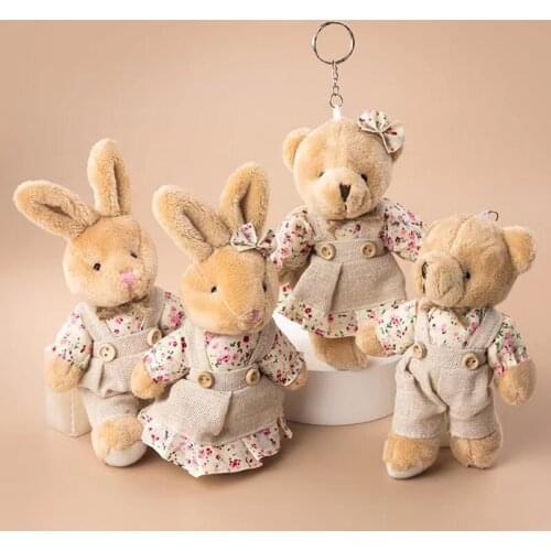 Cute Girl Country style Linen Couple Teddy Bear Keychain Women Rabbit Key Ring On Bag Car Trinket Jewelry Wedding Party Toy Gift