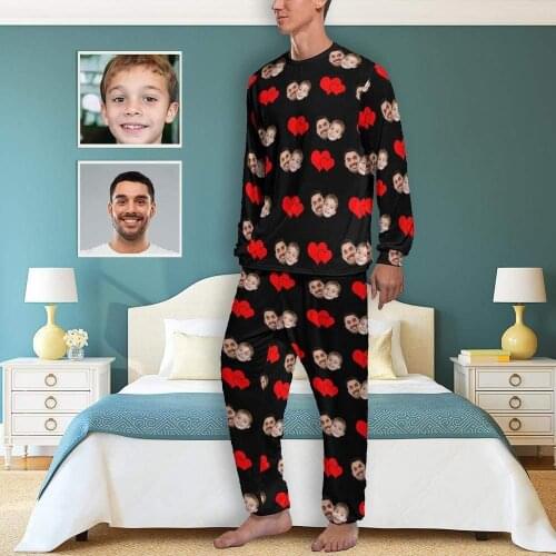 Custom Face Love to Heart Mens Pajamas Long Sleeve Set Suit Family Clothes Home Look Tie Dye Design Personalized Indoor Soft