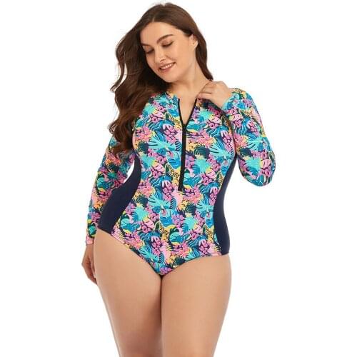 Semi-high Collar Zipper Long-sleeved Conservative Triangle Swimsuit Charm Purple Print One Piece Swimsuit Bathing Suit Women