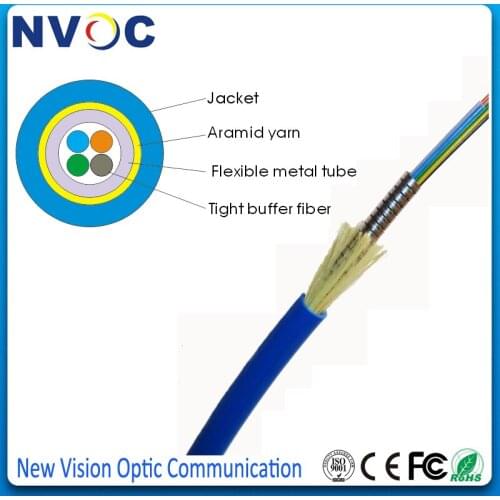 Single Mode,YOFC G652D(0.6 or 0.9mm Tight Buffer Fiber),PVC LSZH Jacket,Mini 4Cores SM Indoor Armored Fiber Optical Cable