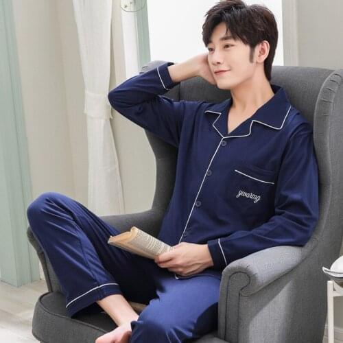 Pure Cotton Mens Pajamas Suit Long-sleeved Lapel Home Service Winter Mens Loose Pajamas Spring and Autumn Mens Clothing Sets