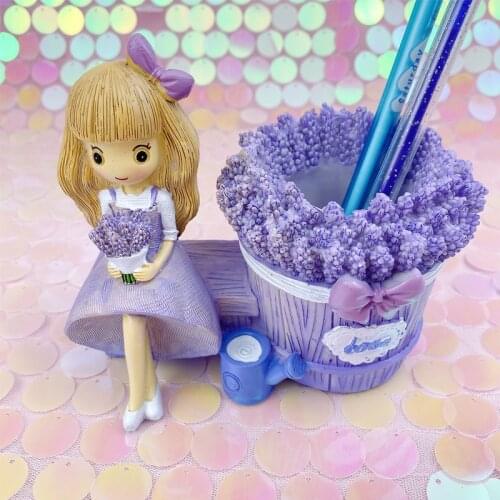 Polyresin Lavender Girl Heart Creative Multifunctional Student Stationery Desktop Pen Holder