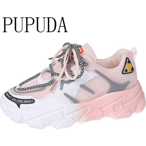 PUPUDA Women Casual Shoes Fashion Chunky Sneakers Women Mesh Breathable Sport Shoes Women Platform Shoes New Basketball Sneakers